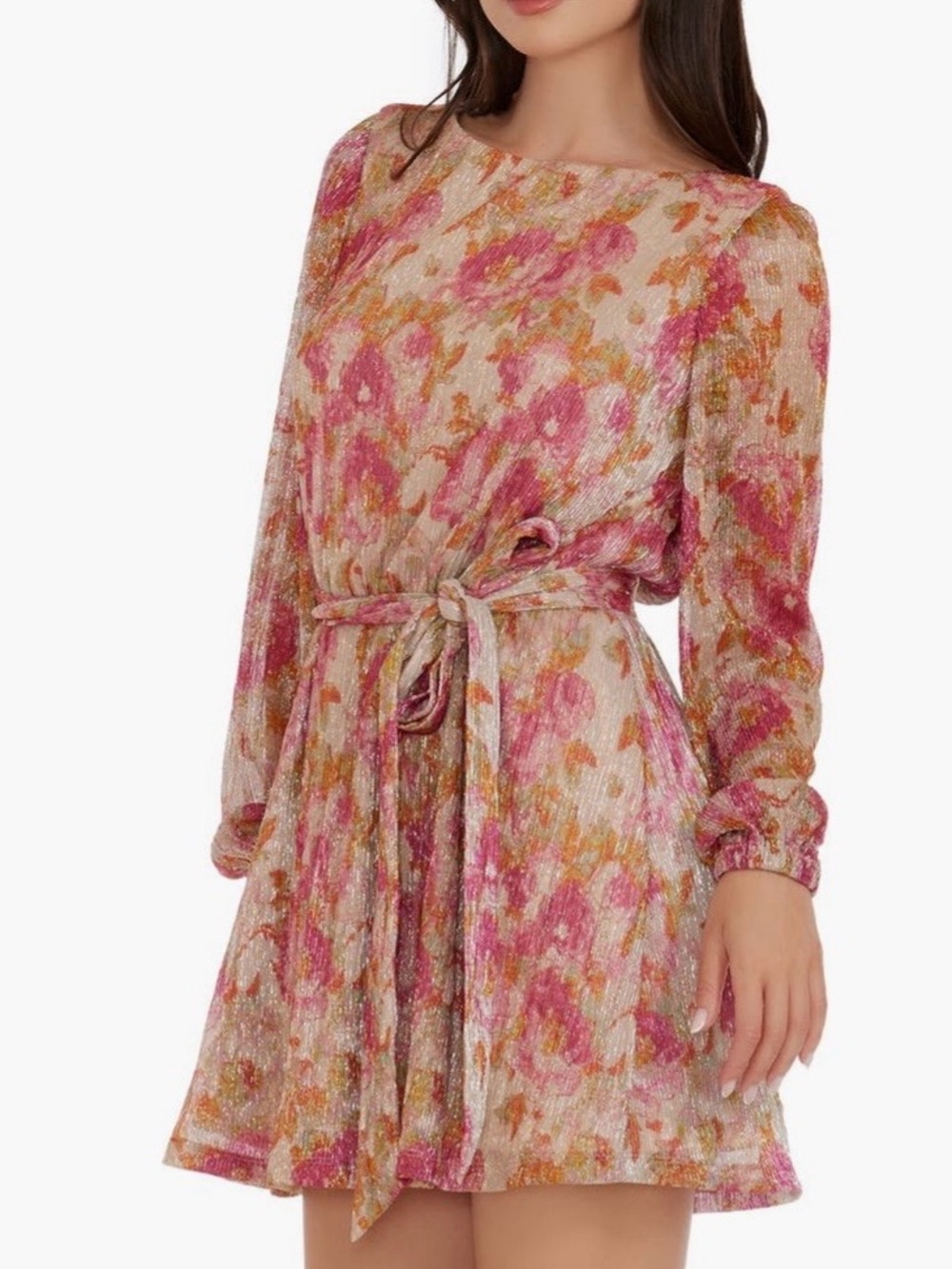 Dress the Population Pink Multi Floral Long Sleeve Tie-Waist Dress - Kirsi
